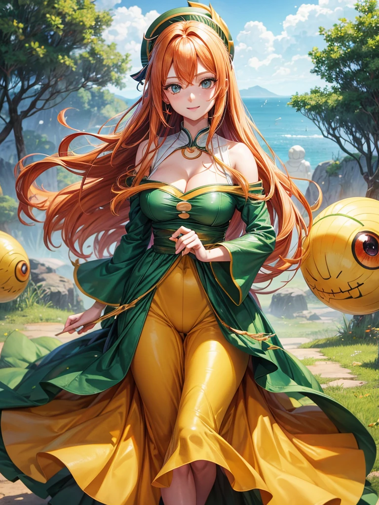 uzumaki_kushina, large_breasts, standing, solo, kushina_green_dress, masterpiece, best quality, detailed face, detailed eyes, highres, smile, (masterpiece:1.4, best quality:1.2), (Highres), (Detailed Illustration), Ultra-Detailed, konohagakure, uzumaki_kushina, kushina_green_dress, standing straight, looking in front,
