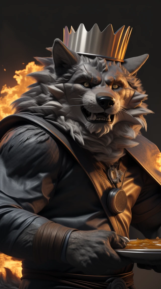 (better quality,16K,32k,highres,master piece:1.2),ultra detali,(realistic,fotorrealistic,photo-realistic:1.37),(o chef final orochi ranok) looking at the viewer serious expression a realistic background of a burning San Diego Texas eye Bright orange A pose of cunning villain with Crown Bright expression of serious courageous and confident and cunning