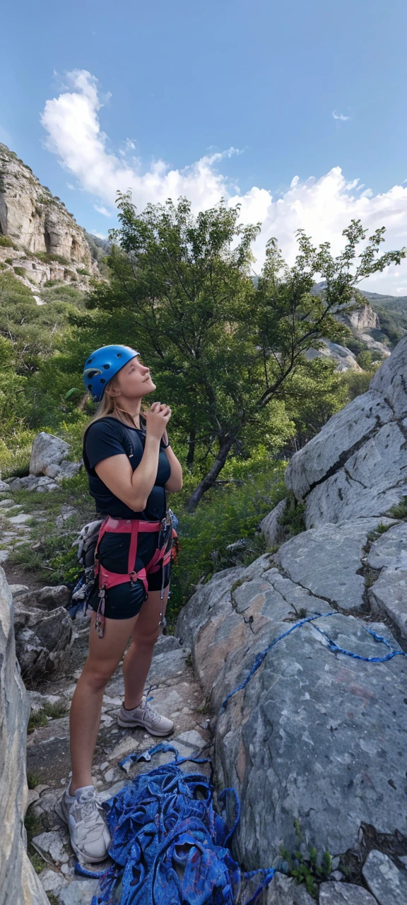 5 year old girl, 1girl, blonde hair, blue eyes, smiling, rock climbing, upper body view, sky background, rocks background, dynamic pose, beautiful detailed eyes, beautiful detailed lips, long eyelashes, extremely detailed face, wearing pants, wearing t-shirt, climbing harness, holding rocks, vivid colors, dramatic lighting, (best quality,4k,8k,highres,masterpiece:1.2),ultra-detailed,(realistic,photorealistic,photo-realistic:1.37),has a sticker on t-shirt that says "Kowalscy Team", no nipples visible, bra underneath t-shirt, climbing harness, climbing helmet, climbing onto rocks