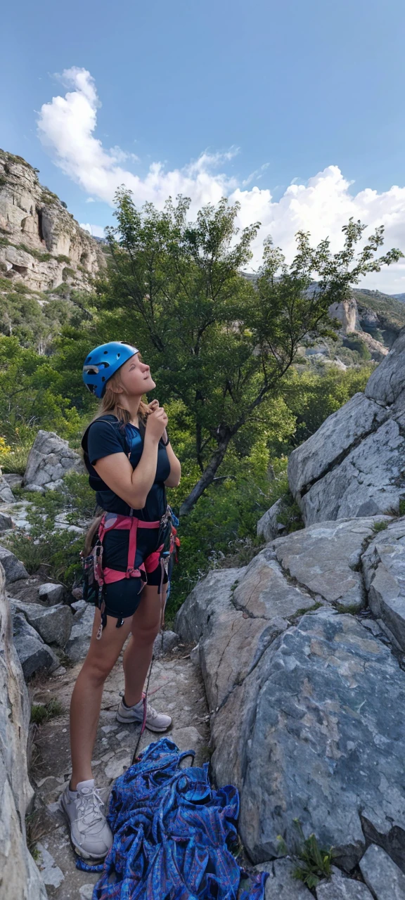 5 year old girl, 1girl, blonde hair, blue eyes, smiling, rock climbing, upper body view, sky background, rocks background, dynamic pose, beautiful detailed eyes, beautiful detailed lips, long eyelashes, extremely detailed face, wearing pants, wearing t-shirt, climbing harness, holding rocks, vivid colors, dramatic lighting, (best quality,4k,8k,highres,masterpiece:1.2),ultra-detailed,(realistic,photorealistic,photo-realistic:1.37),has a sticker on t-shirt that says "Kowalscy Team", no nipples visible, bra underneath t-shirt, climbing harness, climbing helmet, climbing onto rocks
