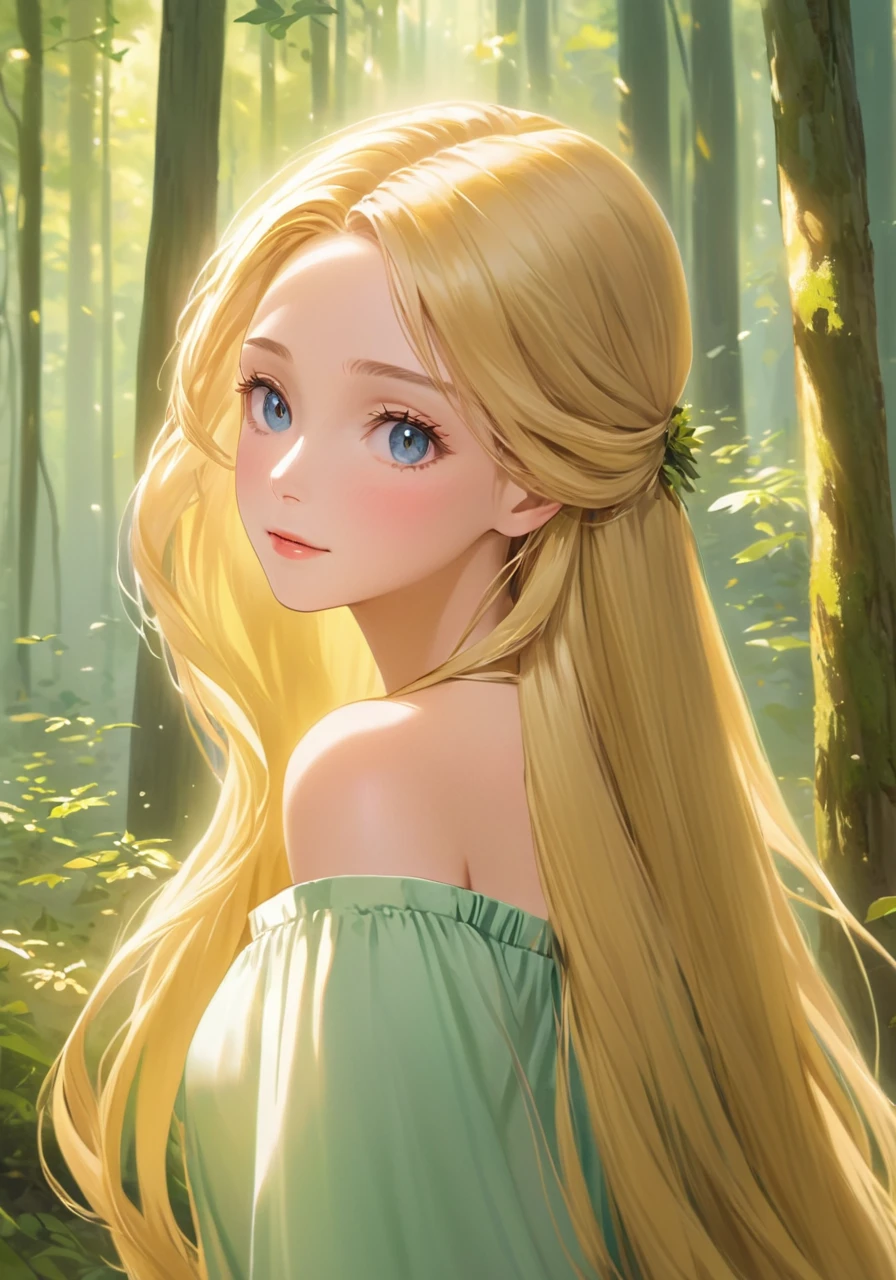 Girl with long and straight blonde hair,Emotional background
,
Ultra-Realistic Details,beautiful,Highest quality,(Realistic:1.2),Dynamic Angle,elegant,Realistic skin detail ,
strap_slip, just_shoulders, off_shoulder,in the forest