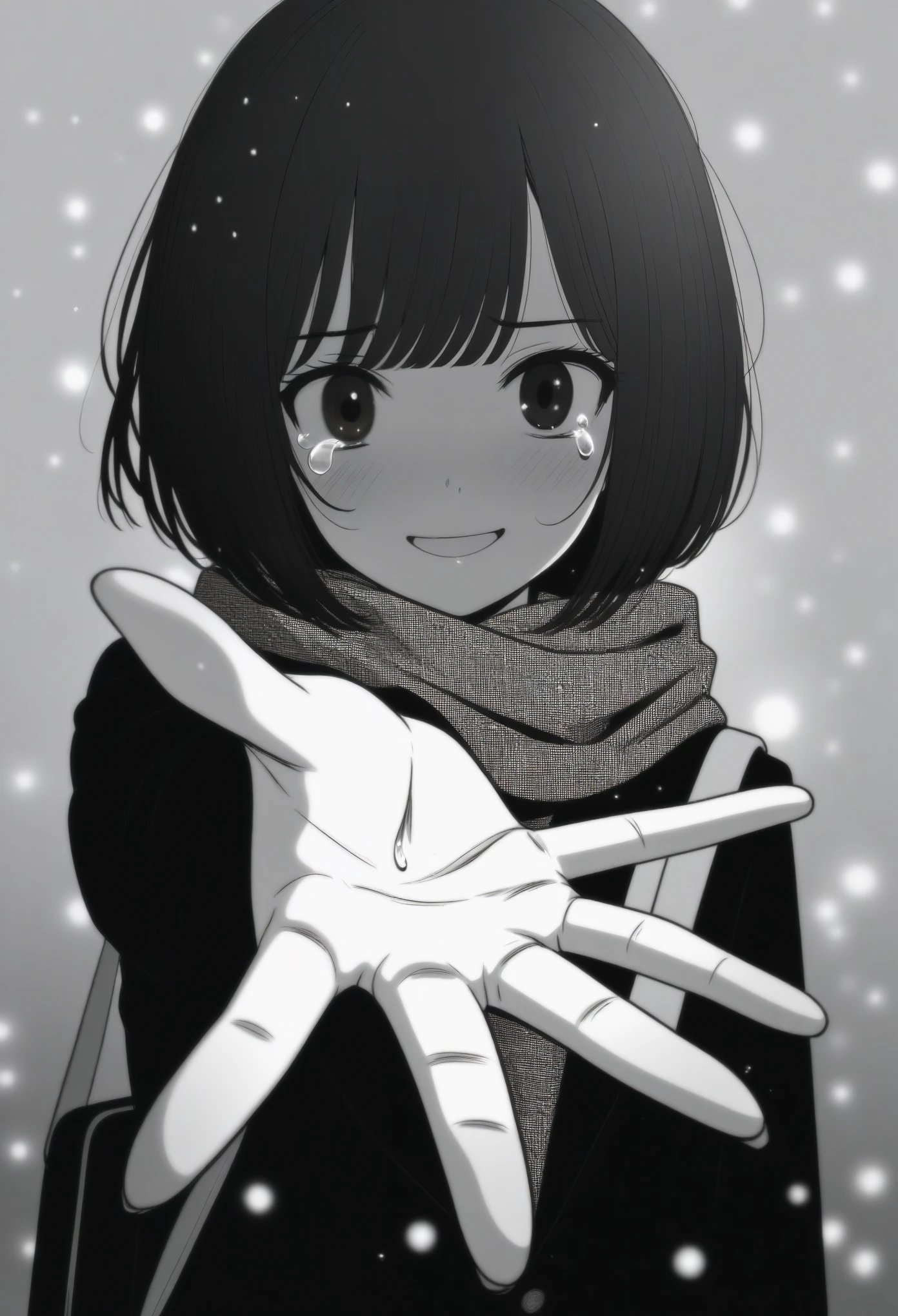 masterpiece, best quality, 1girl, mamerakkkkko, grayscale, manga style, japanese, chi no wadachi, black eyes, street, iced, black hair, schoolbag, smile, lineart, black coat, black scarf, black pleated skirt, leggins, centered, 18 years old, tall, fair skinned, bokeh background, crying, tears, tears streaming, bob cut, light particles, centered, snowing, (((reaching out left hand to viewer, perfect hand, detailed hand:1.1))