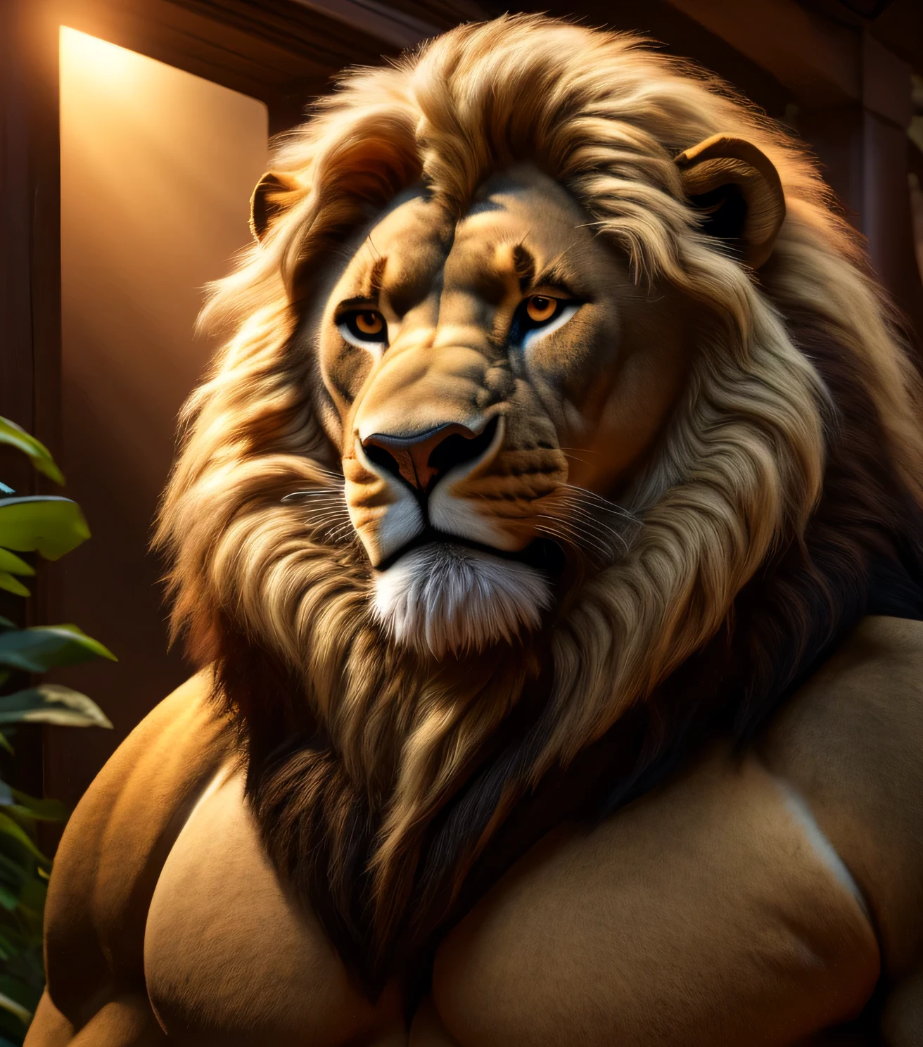 a very obese male lion with a blond mane, extremely detailed eyes, extremely big and fat belly, very very big belly, face portrait, in jockstrap, bust portrait realistic, extremely detailed, photorealistic, 4k, high quality, fine art portrait, dramatic lighting, vivid colors, correct eyes, and anatomy, garden exotique