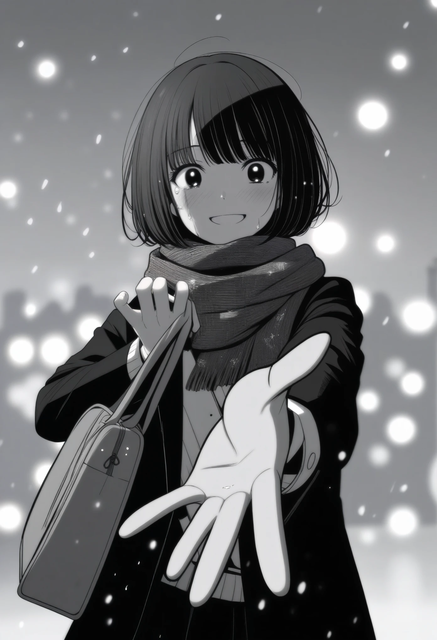 masterpiece, best quality, 1girl, mamerakkkkko, grayscale, manga style, japanese, chi no wadachi, black eyes, street, iced, black hair, schoolbag, smile, lineart, black coat, black scarf, black pleated skirt, leggins, centered, 18 years old, tall, fair skinned, bokeh background, crying, tears, tears streaming, bob cut, light particles, centered, snowing, (((reaching out left hand to viewer, perfect hand, detailed hand:1.1))