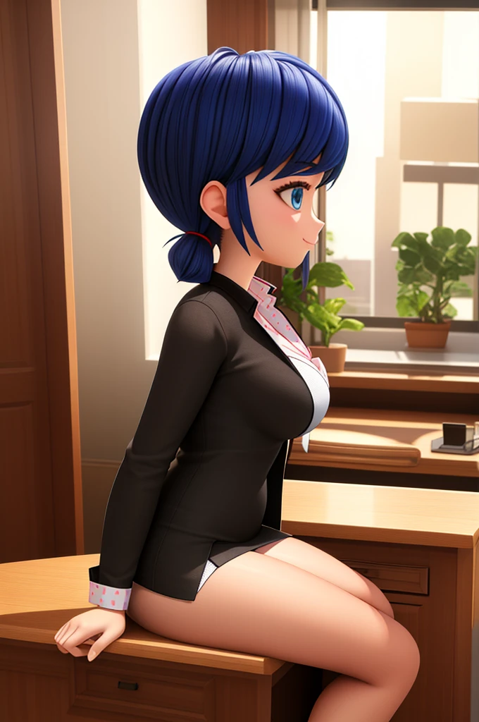 (8k, RAW photo, best quality, masterpiece:1.2), (intricate details), perfect eyes, perfect face, perfect lighting, beautiful, (masterpiece:1.2), (best quality:1.2), 1girl, Marinette, blue hair, ((short hair down)), adult torso, 19 years old, slight smile, huge sized breasts, cowboy shot, 3DMM, sitting on desk, business dress, side view,