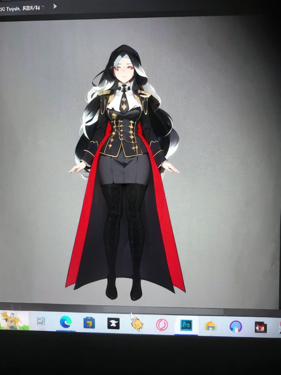 Make an anime poster, has 4 women in it, on the left side a classy dressed beauty with only the colors red and white, has an angelic presence but a demonic personality, she wears a hat on her head and a long mature gown. On the middle, a millitary general with black and white hair, and a blindfold covering her eyes. Behind her in the back, a woman faded in the background, only her eyes red Phoenix can be seen. Finally at the very right side a nun with a blindfold and a church nun fantasy black dress, holding her hands together symbolizing a prayer gesture.