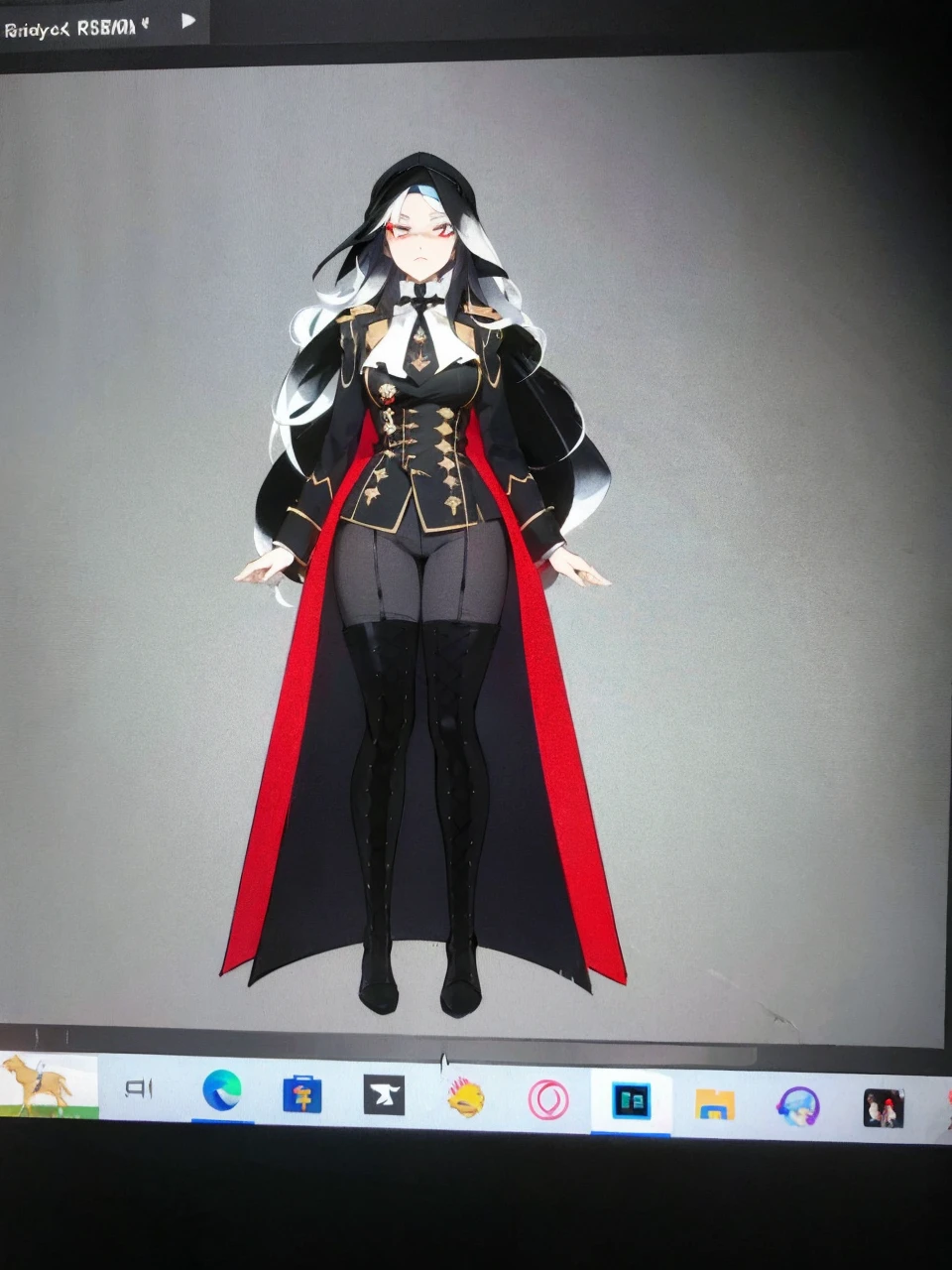 Make an anime poster, has 4 women in it, on the left side a classy dressed beauty with only the colors red and white, has an angelic presence but a demonic personality, she wears a hat on her head and a long mature gown. On the middle, a millitary general with black and white hair, and a blindfold covering her eyes. Behind her in the back, a woman faded in the background, only her eyes red Phoenix can be seen. Finally at the very right side a nun with a blindfold and a church nun fantasy black dress, holding her hands together symbolizing a prayer gesture.