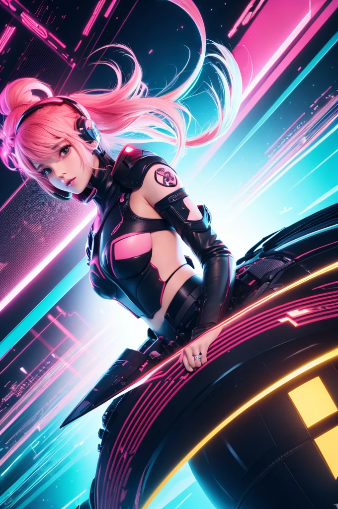 anime, girl, cute, cyber punk, colorful, ink paint Line art, Vector art, Bold, Glitch Art, Flat Color, Key Visual, Vibrant, Drafting, Line art, Minimalist, masterpiece, Fly to the sky,