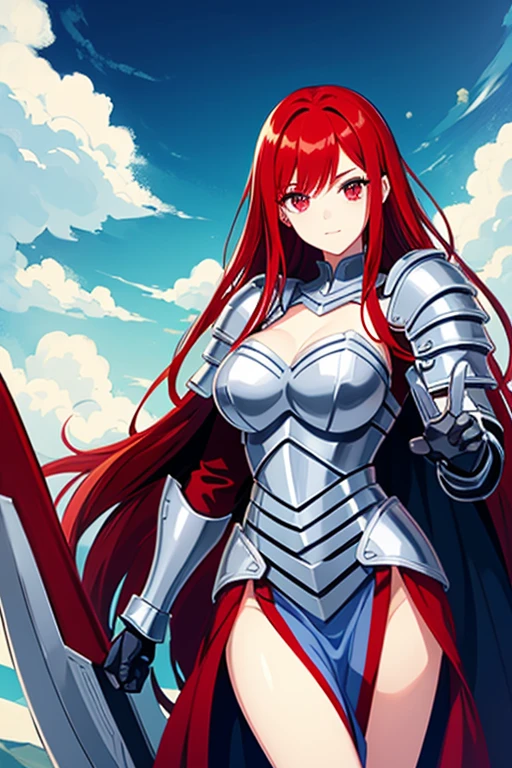 Red hair, girl, knight armor, red eyes, beautiful, strong, silver armor, blue cape