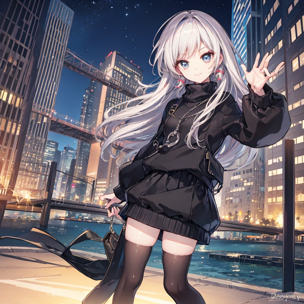 Knitted sweater，skirt，black tights，Night in the city，smile