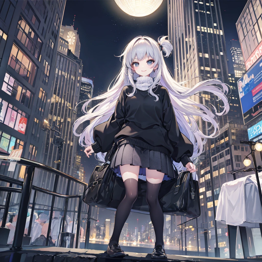Knitted sweater,skirt,black tights,Night in the city,smile