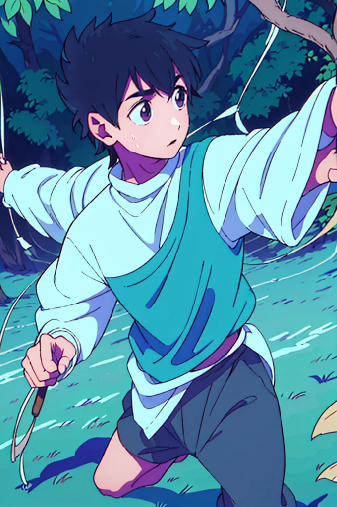 A boy of 1.Pale-skinned 70s practicing archery in the forest (right profile focus) brown hair light brown eyes wearing a blue tunic and brown pants without shoes standing on the grass shooting at a target 