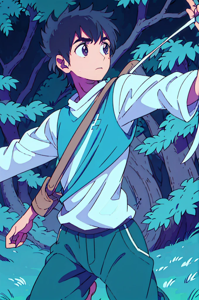 A boy of 1.Pale-skinned 70s practicing archery in the forest (right profile focus) brown hair light brown eyes wearing a blue tunic and brown pants without shoes standing on the grass shooting at a target