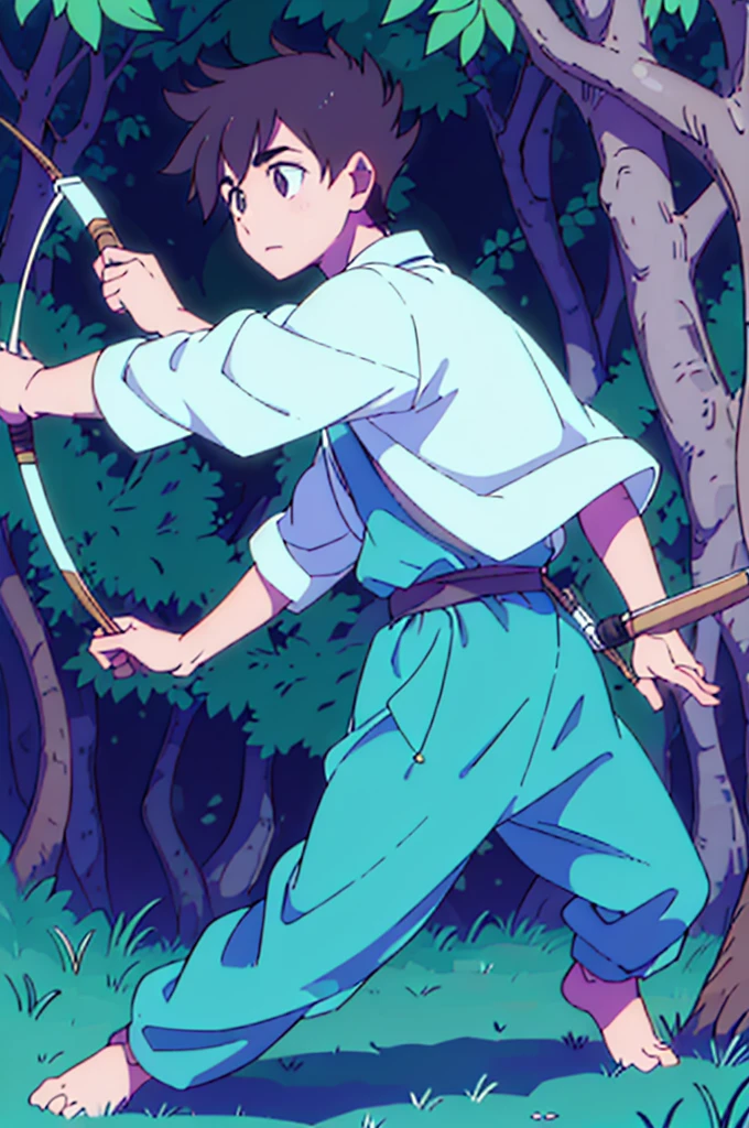 A boy of 1.Pale-skinned 70s practicing archery in the forest (right profile focus) brown hair light brown eyes wearing a blue tunic and brown pants without shoes standing on the grass shooting at a target 