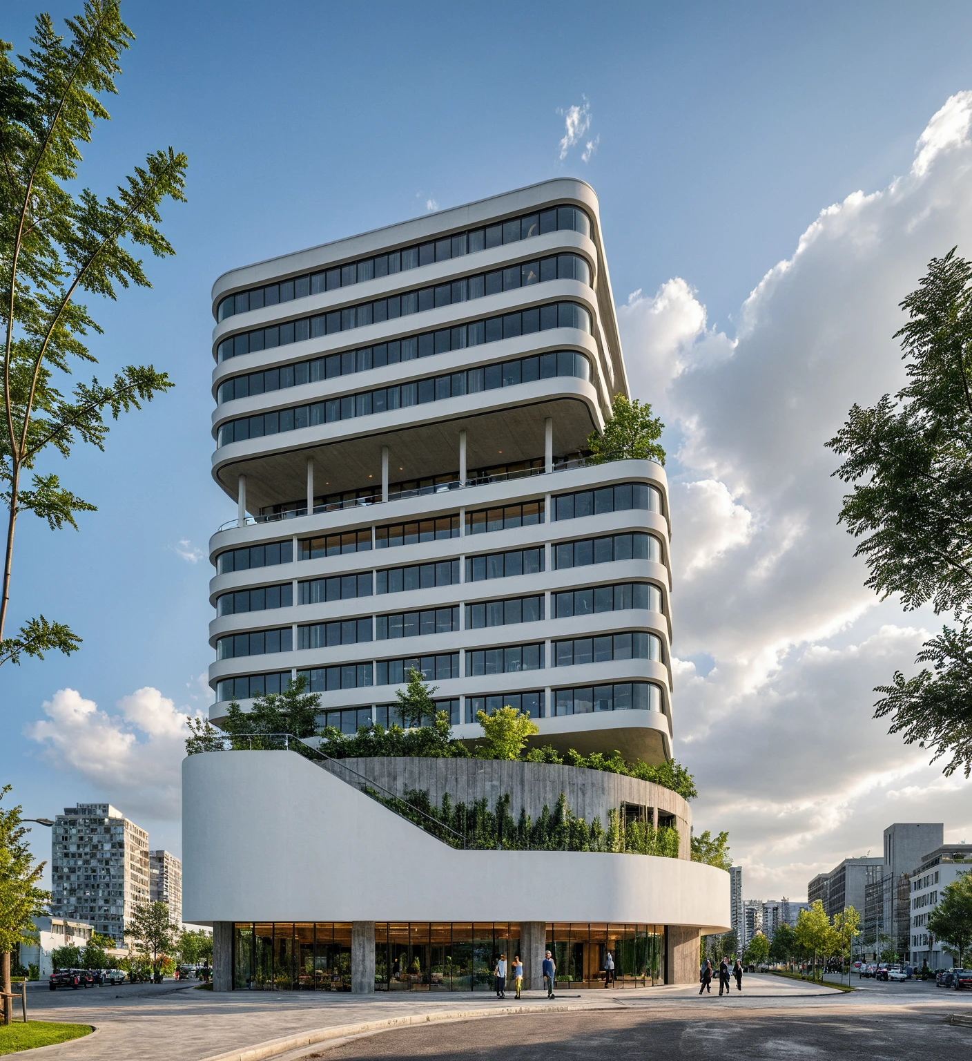 Masterpiece, high quality, best quality, authentic, super detail, office building, aluminum cover, concrete column, outdoors, FPT building, house style modern on the street, white wall, road, pavement, grass, trees, sky, cloud, (daylight:1.1)

