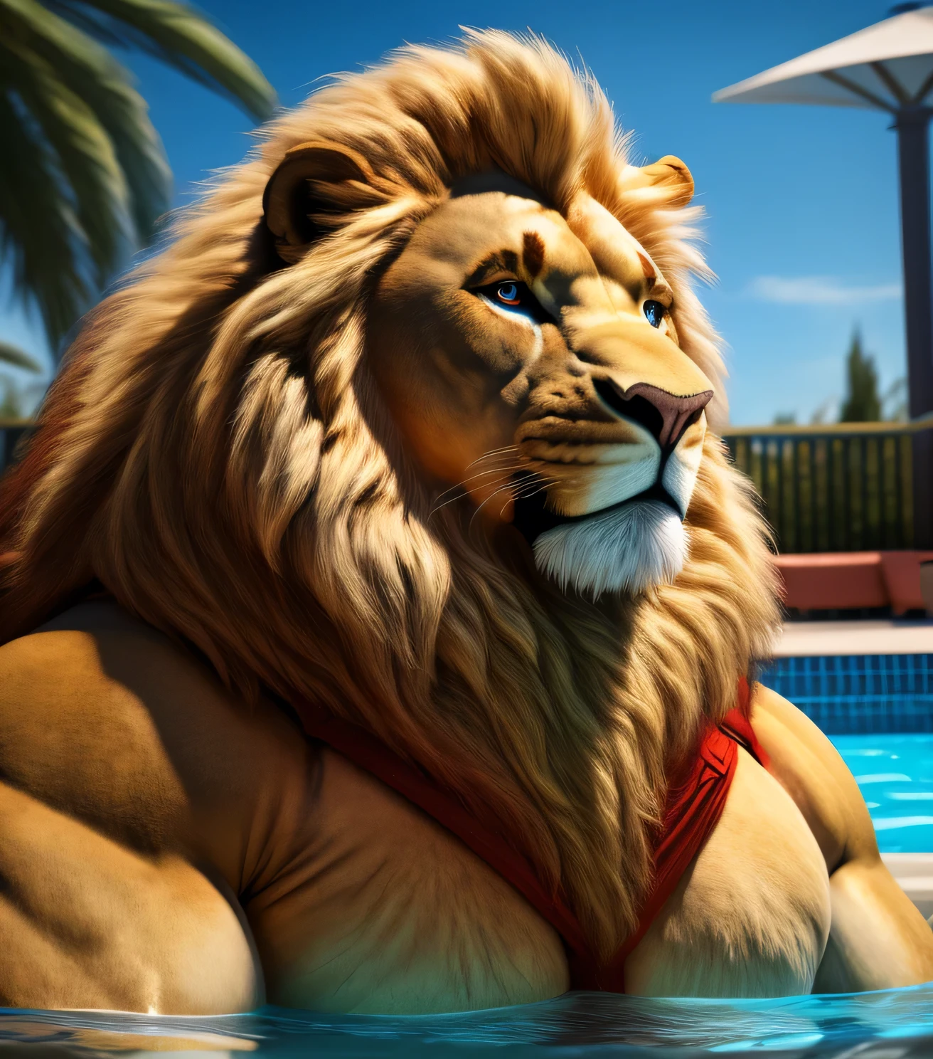 a very obese male lion with a blond mane, extremely detailed eyes, extremely big and fat belly, very very big belly, face portrait, in jockstrap, bust portrait realistic, extremely detailed, photorealistic, 4k, high quality, fine art portrait, dramatic lighting, vivid colors, correct eyes, and anatomy, garden exotique, in a swimmingpool