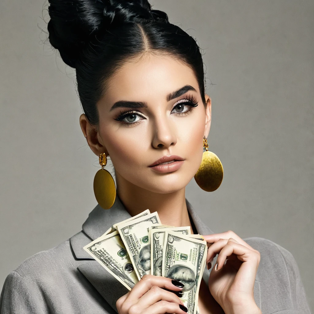 white woman, stubble beard, big nose, makeup, black hair tied back, , thick and well-groomed, black eyes, seductive and proud look, large golden earrings, holds dollar bills