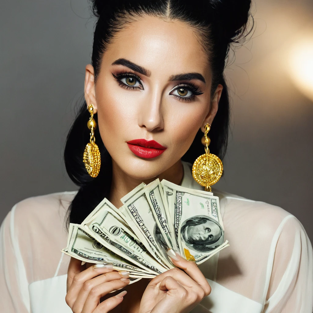 white woman, stubble beard, big nose, makeup, black hair tied back, , thick and well-groomed, black eyes, seductive and proud look, large golden earrings, holds dollar bills