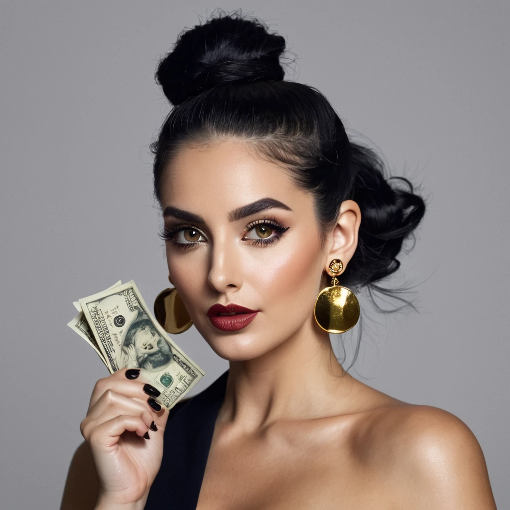 white woman, stubble beard, big nose, makeup, black hair tied back, , thick and well-groomed, black eyes, seductive and proud look, large golden earrings, holds dollar bills