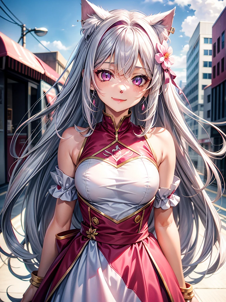 Silver hair, pink eyes, body, cat ears, sexy girl, earrings, flower sky background, pink red uniform, hair bows, look down, happy face