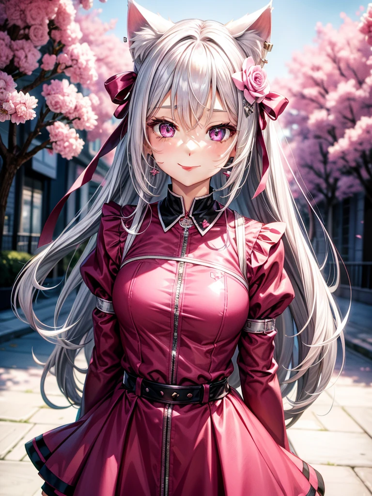 Silver hair, pink eyes, body, cat ears, sexy girl, earrings, flower sky background, pink red uniform, hair bows, look down, happy face