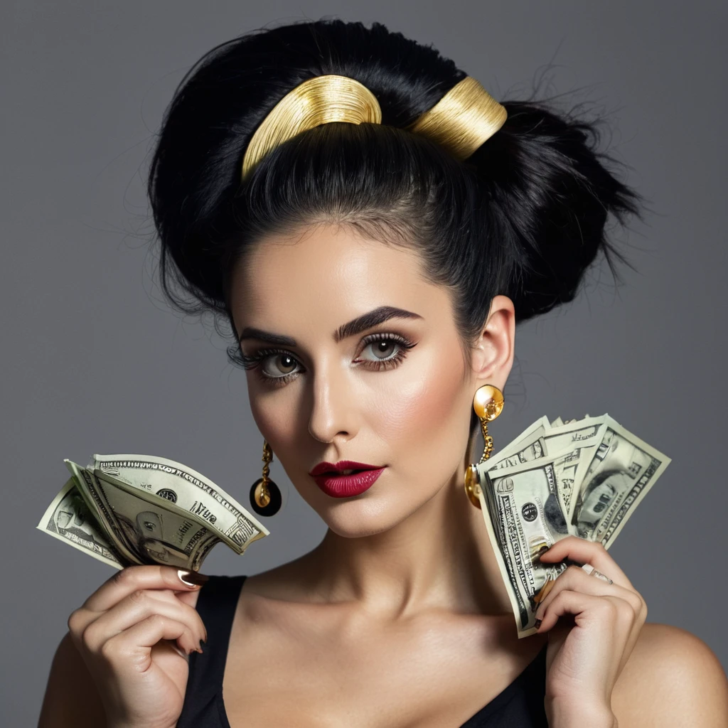 
white woman, small trimmed beard, big nose, makeup, black hair tied back, , thick and well-groomed, black eyes, seductive and proud look, large golden earrings, holds dollar bills