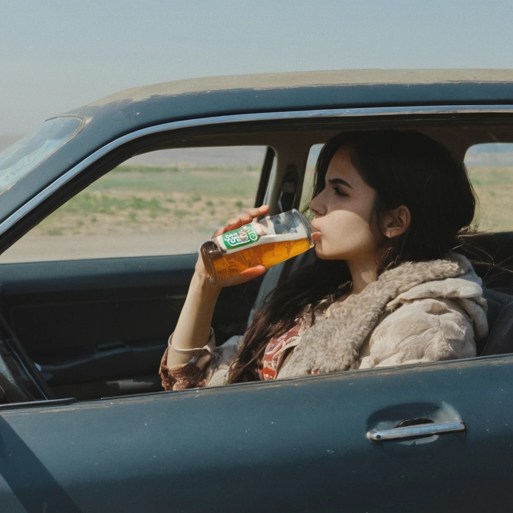 Kurdish woman drinking beer in car