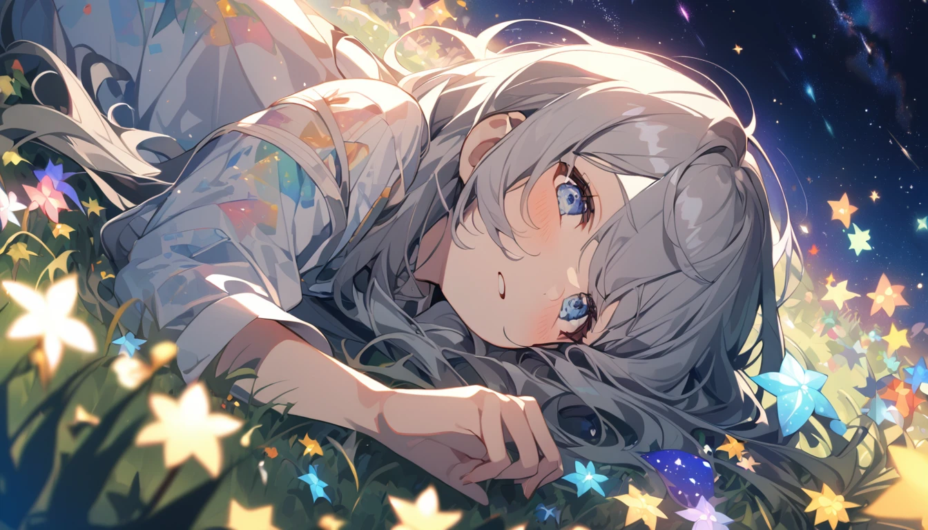 A girl is lying on the grass, Gray Hair,Look up at the starry sky. Colorful nebulae