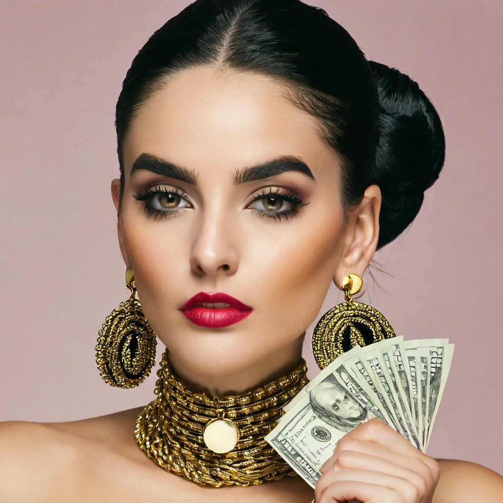 white woman, small trimmed beard, big nose, makeup, black hair tied back, , thick and well-groomed, black eyes, seductive and proud look, large golden earrings, holds dollar bills