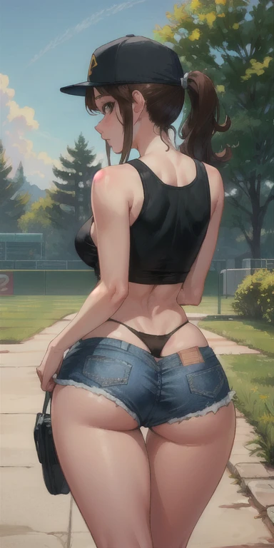 beautiful, (masterpiece:1.2), (best quality:1.2), perfect eyes, perfect face, perfect lighting, 1girl, ass, back, backboob, baseball cap, black panties, breasts, brown hair, crop top, cutoffs, denim, denim shorts, facing away, from behind, hat, highleg, highleg panties, long hair, median furrow, large breasts, micro shorts, panties, ponytail, short shorts, shorts, sideboob, simple background, solo, tank top, thighs, thong, underboob, underwear, field, grass, walkway, huge ass, wide hips, arms at side