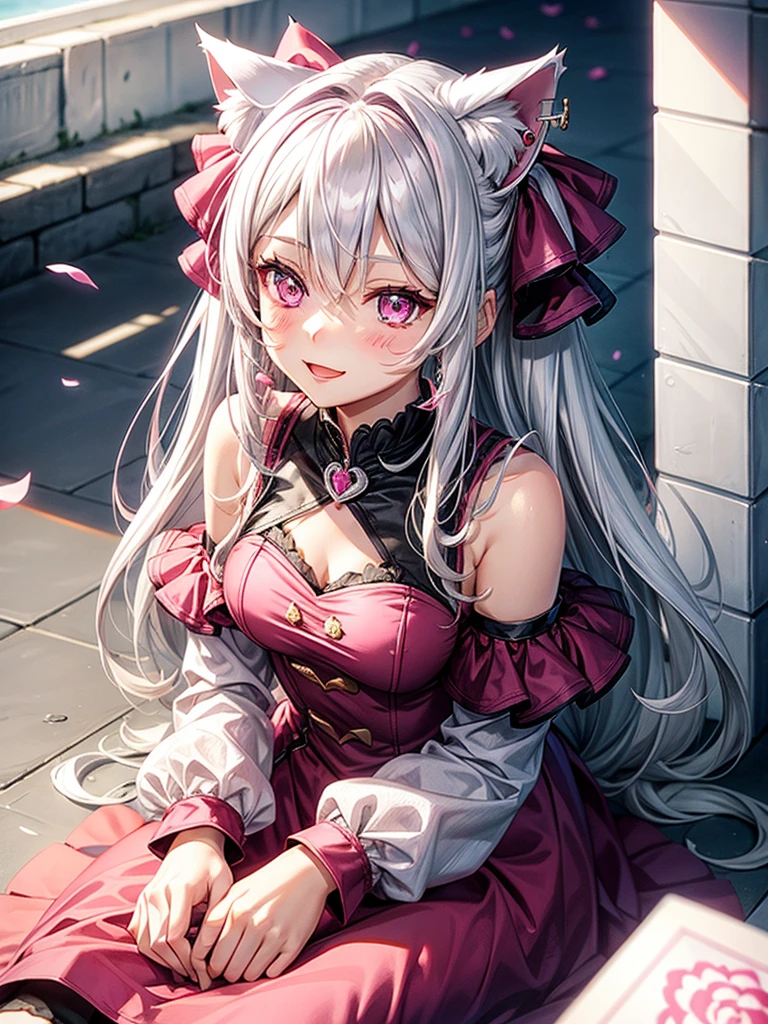 Silver hair, pink eyes, body, cat ears, sexy girl, earrings, flower sky background, pink red uniform, hair bows, lay down, happy face