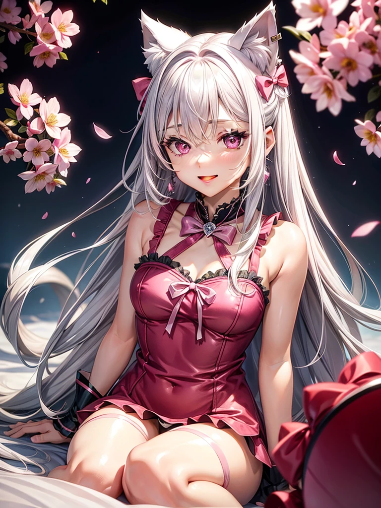 Silver hair, pink eyes, body, cat ears, sexy girl, earrings, flower sky background, pink red uniform, hair bows, lay down, happy face