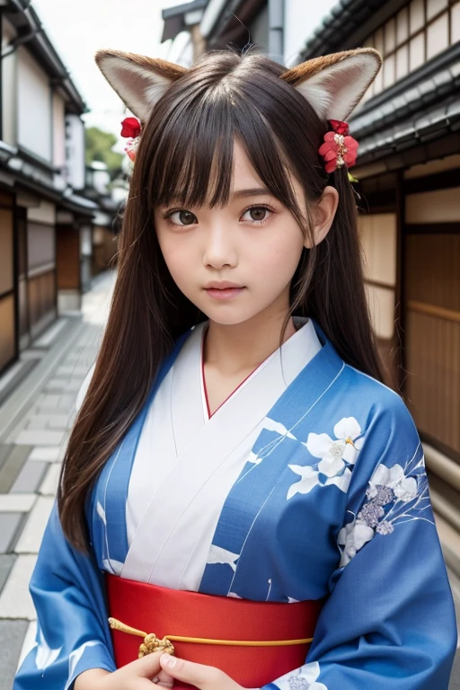 Brown fox ears、one girl, (a beauty girl, delicate girl:1.3), (12 years old, change:1.3),
break, (Long-sleeved kimono, Flower pattern kimono:1.3),(Brown fox ears)
break, Very fine grain definition, (Symmetrical eyes:1.3),
break, (alley, In Kyoto:1.3), perfectly trimmed fingers,
break, Small breasts, Brown eyes, Parted bangs, Brown Hair,  girl,
break, (Eye and facial details:1.0),
break, (masterpiece, Highest quality, Super detailed, Detailed face, 8K)