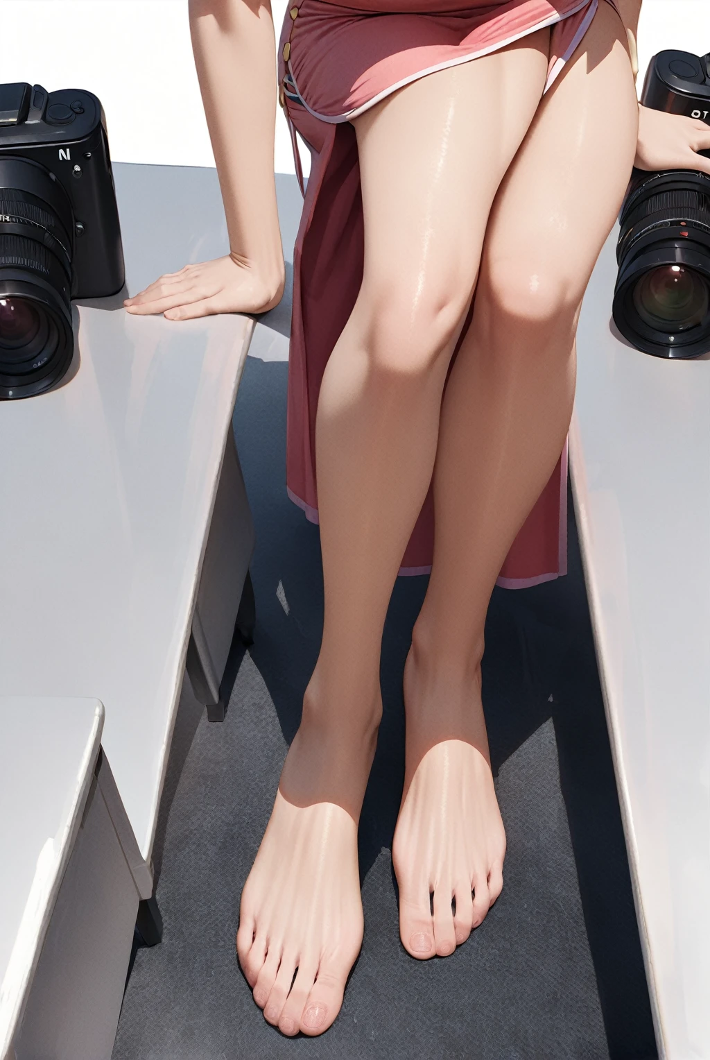 Nami, Nami One Piece, 1girl, solo, disgusted expression, pink cheongsam, bare feet, feet, close-up of feet, toes, leaning forward, low angle shot, camera under heels, top view, office environment, white background, high resolution, high detail, HD, Intricate shadows, realistic textures, smooth transitions, dynamic perspectives, anime style, detailed character designs, sexy poses, sexy bodies, high contrast lighting