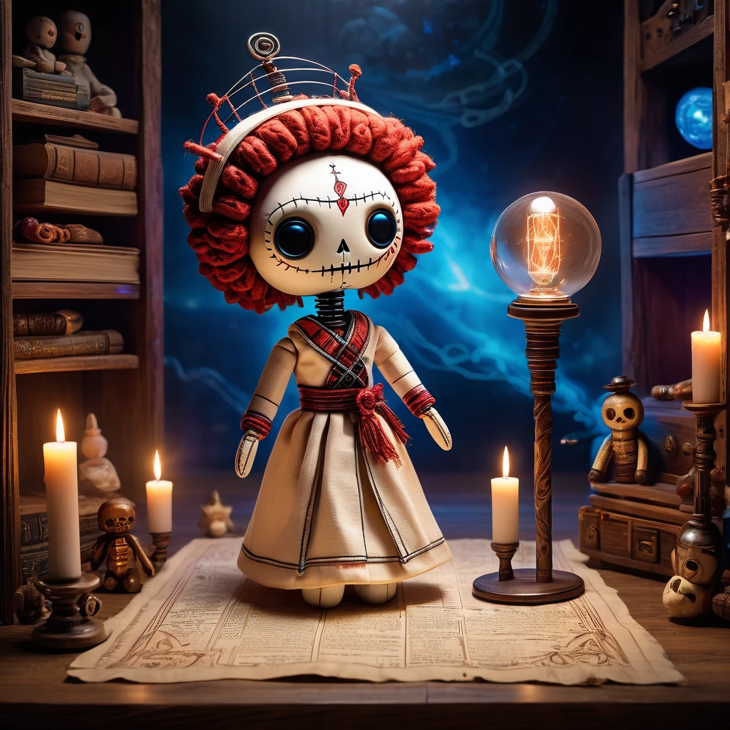(knitted toy voodoo doll:1.7), (Voodoo Ethereal Architect:1.3), (Clothing: translucent robes with light patterns, levitating shoes:1.0), (Accessories: floating blueprint scroll, light-constructing wand, halo-like headpiece:1.2), (background: ethereal realm with floating structures and beams of light, surreal landscapes and glowing pathways:1.2), best quality, masterpiece, detailed soft oil painting, detailed background, dramatic cinematic lighting, soft edge lighting, professional, dramatic lighting, hard edge lighting, ultra quality, 4k,masterpiece, best quality, 8k, ultra highres, highres, extremely detailed