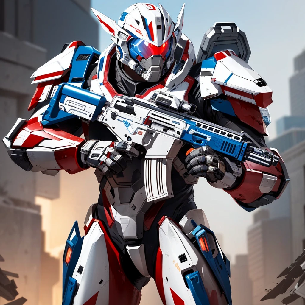 Male, man, in 30s, Renegade superhero Canadian superhero, white red black armor, Canadian symbol, exoskeleton suit armor, power suit, shield and sword, Powerful pose, wolf style design helmet, lights up, background destruction, posing in a powerful stance,
Close-up of robot holding gun in hand, sci-fi soldier, futuristic soldier, fps shooting game, Wearing sci-fi military armor, sci - fi armor, sci - fi armor, Space armor, sci-fi skin, futuristic armor, sci - fi character, pulse rifle, Mobile Suit, Wearing tactical armor,Exquisite