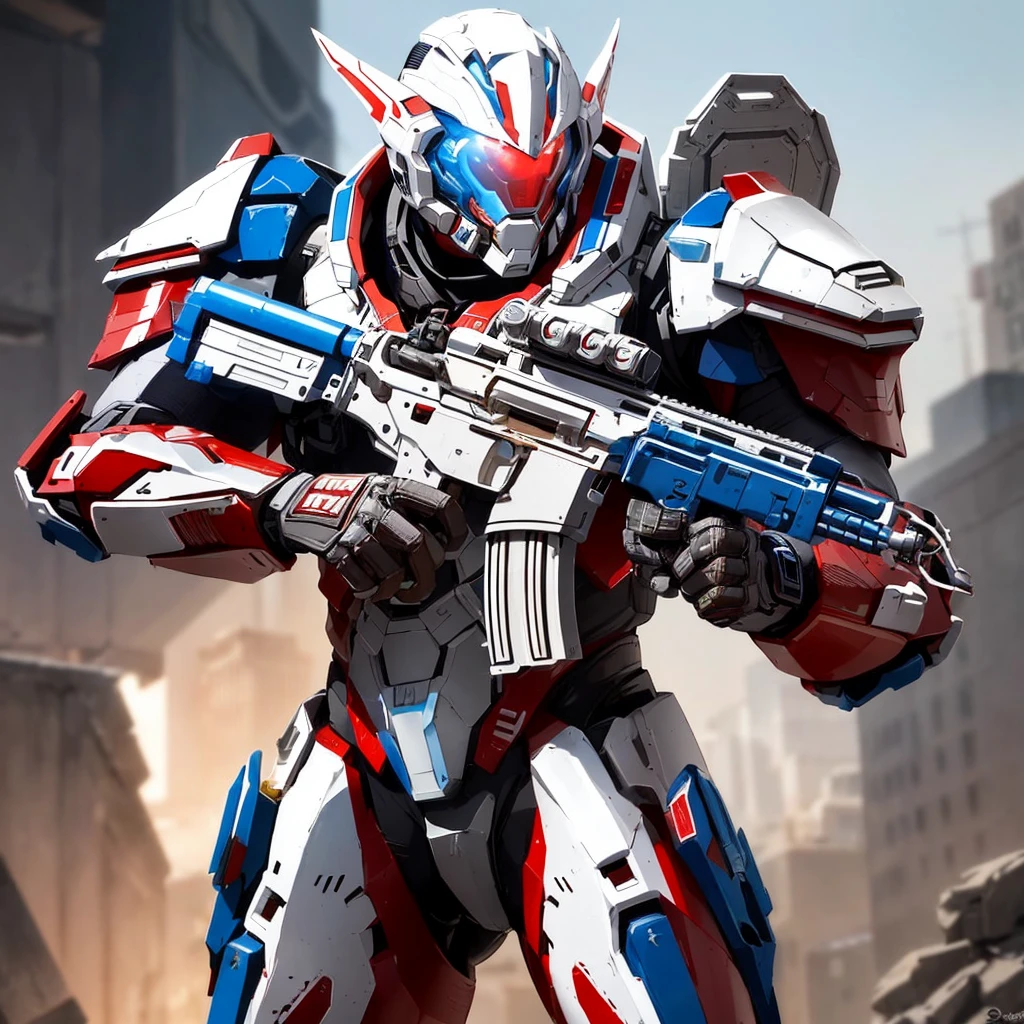 Male, man, in 30s, Renegade superhero Canadian superhero, white red black armor, Canadian symbol, exoskeleton suit armor, power suit, shield and sword, Powerful pose, wolf style design helmet, lights up, background destruction, posing in a powerful stance,
Close-up of robot holding gun in hand, sci-fi soldier, futuristic soldier, fps shooting game, Wearing sci-fi military armor, sci - fi armor, sci - fi armor, Space armor, sci-fi skin, futuristic armor, sci - fi character, pulse rifle, Mobile Suit, Wearing tactical armor,Exquisite