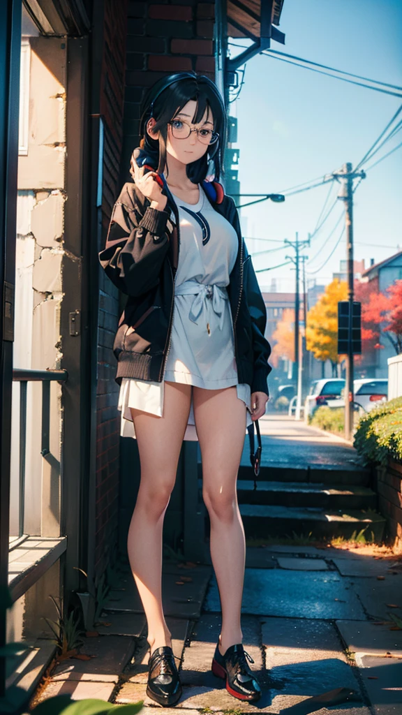 character sheet of anime , 1 female, (beautiful scenery), whole body, entire body, full body, total body, upright stance, erect posture, (shoes), (Detail of fingers of both hands), 20-years-old beautiful female, (detailed black rim glasses), (wearing detailed white headphones), black hair, stroll, Plain clothes, not flashy clothes, Clothes suitable for autumn, knowledge, intellectual, enthusiasm, front of whole body, concentration, sense of accomplishment, masterpiece, top quality, academic atmosphere, masterpiece, best quality, ultra-high res, sharp focus, high-definition eyes