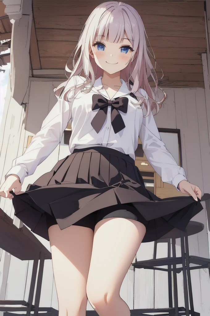 Smirking face、Grinning、wearing shorts under the skirt、Black Skirt、Short spats