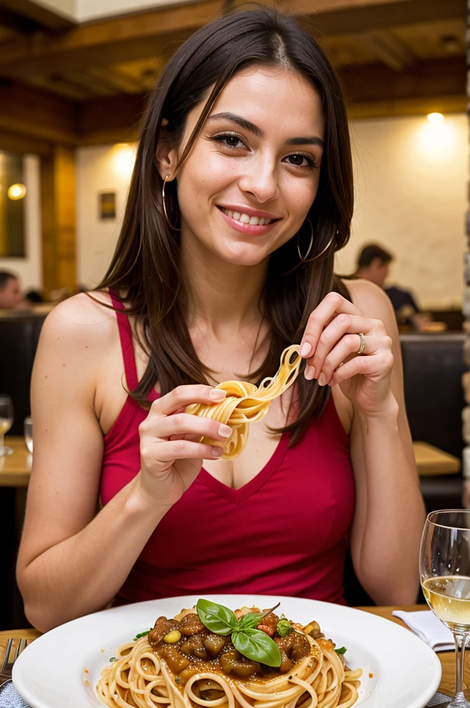 pic of a beautiful Italian woman eating pasta at restaurant