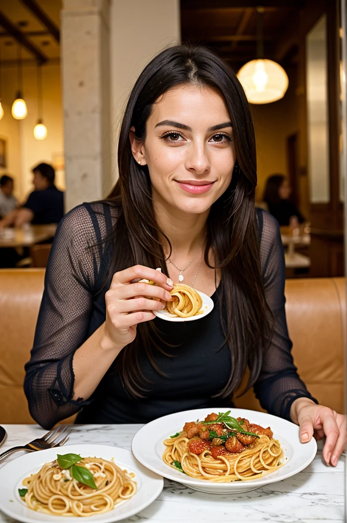 pic of a beautiful Italian woman eating pasta at restaurant 