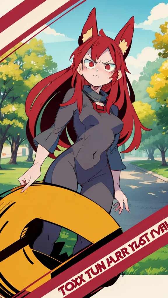 1girl ,20s,angry face,black bodysuit,(red hair),long hair,fox ears, sunny, stading in a park,2d flat