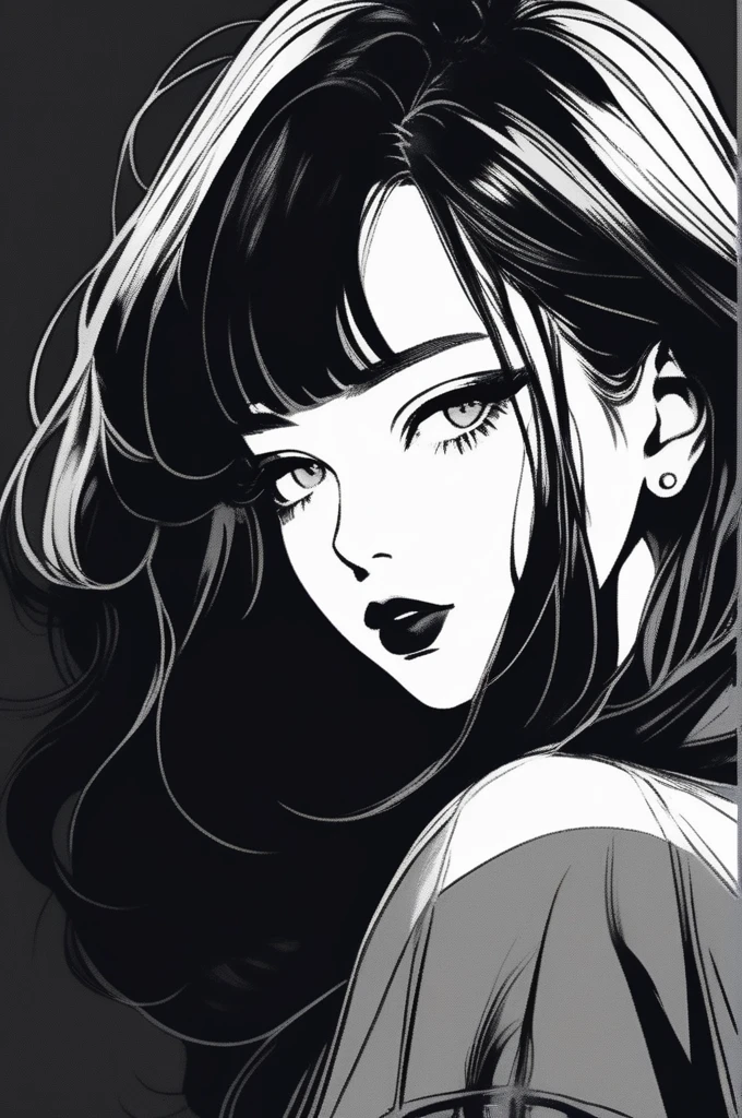 (best quality, sketch:1.2),realistic,illustrator,anime,1 girl, detailed lips,custom, neon gradient, dark background,neon hair,textured cropping, masterpiece, style retro classic, noir style , Japanese style, ((monochrome))