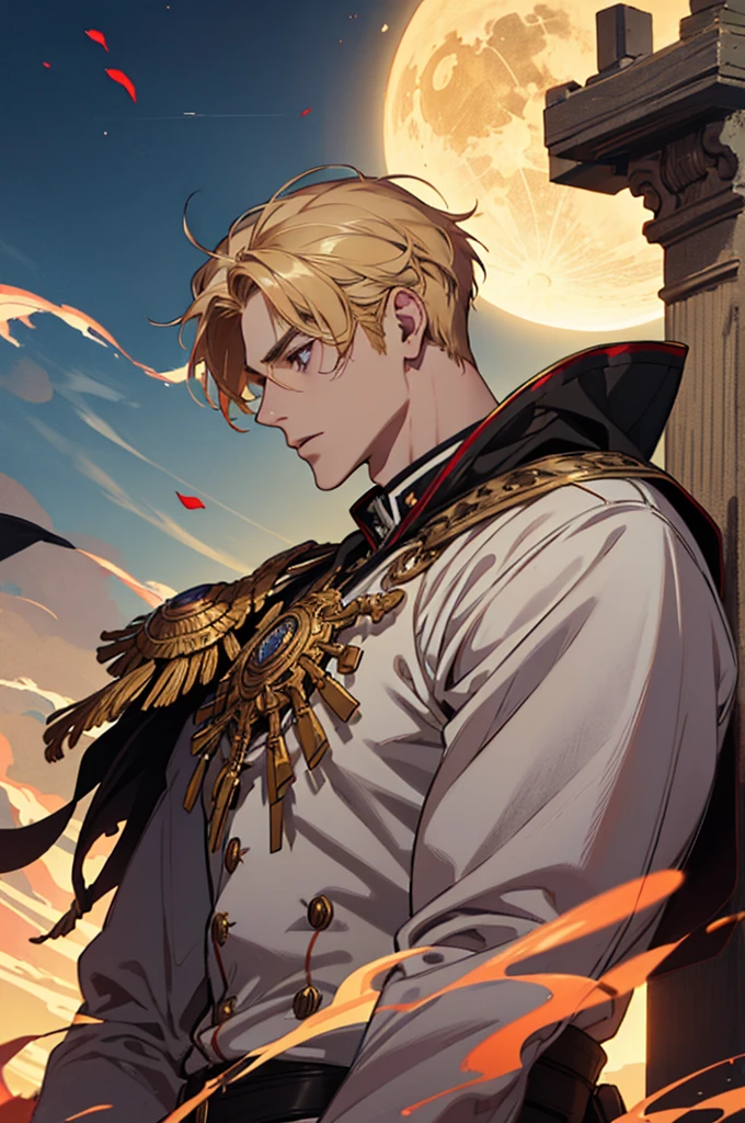 absurdres, highres, ultra detailed), 1 male, adult, handsome, tall muscular guy, broad shoulders, finely detailed eyes and detailed face, fantasy, dark theme, cinematic lighting, colorful, portrait, flying petal, Flowery meadow, cloudy sky, building, sun, light, close up,side profile, blonde hair, golden hair, golden flames, white and red uniform, short hair, standing in front of golden moon