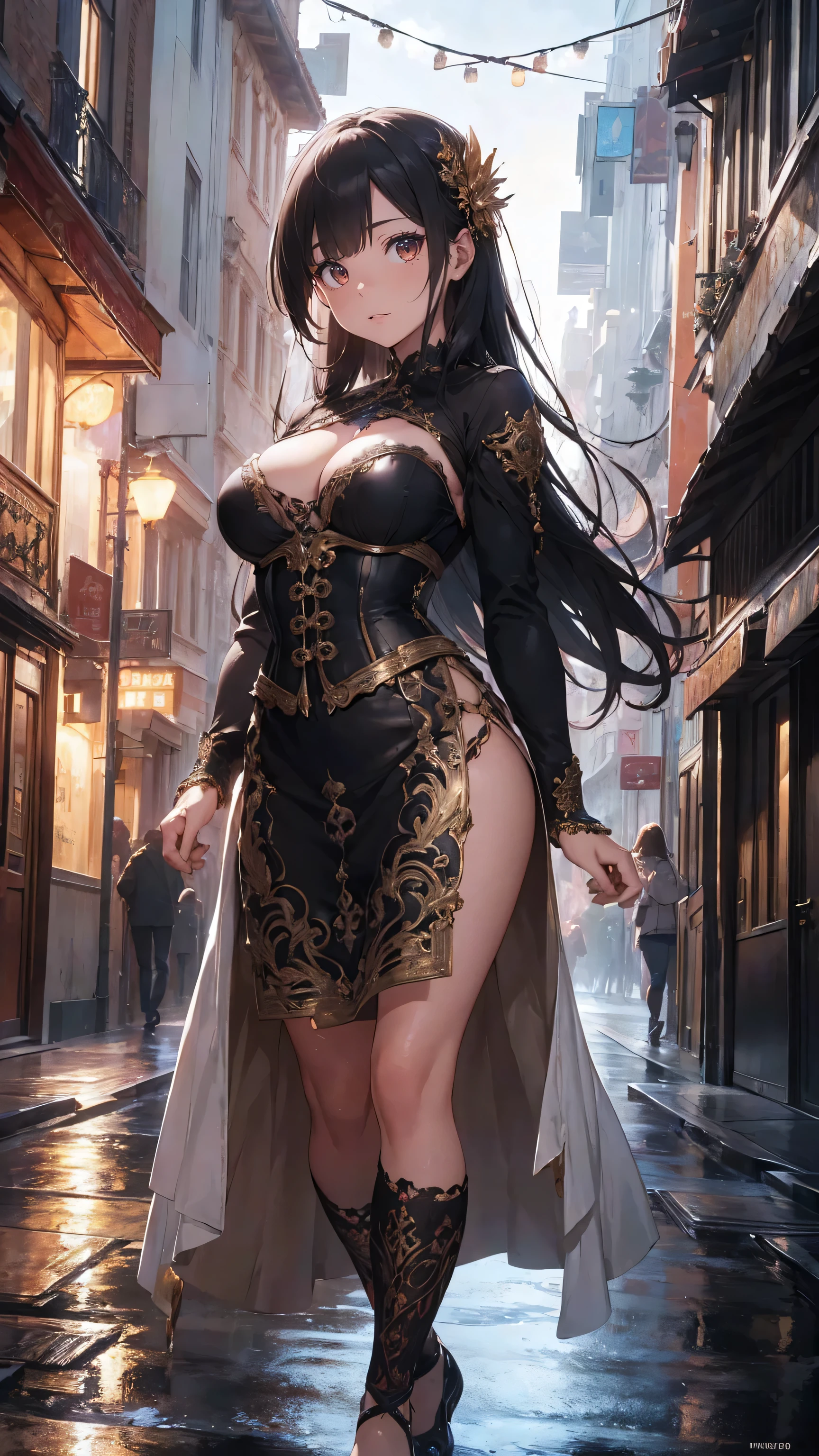 arafed woman with bustier gigantic breast in a flame corset and flame dress in front of a building, wearing an ornate outfit, ornate dress, intricate dress, elegant flame corset, ornate and elegant, extravagant dress, inspired by Hedi Xandt, ornate attire, intricate outfit, ornate royal gown, ornate clothing, ornate gown, intricate and elegant, intricate detailed dress, ornate , royal dress, detailed hand, detailed finger, Fire wings, Fire element, masterpiece, best quality:1.2),,(8k,highres,RAW photo,realistic,photo-realistic:1.3),(detailed skin texture,detailed cloth texture,beautiful detailed face:1.25),professional lighting,photon mapping,beautiful soft light,radiosity,physically-based rendering,raytracing, model shoot style, model shoot style, (extremely detailed CG unity 8k wallpaper), full shot body photo of the most beautiful artwork in the world,
