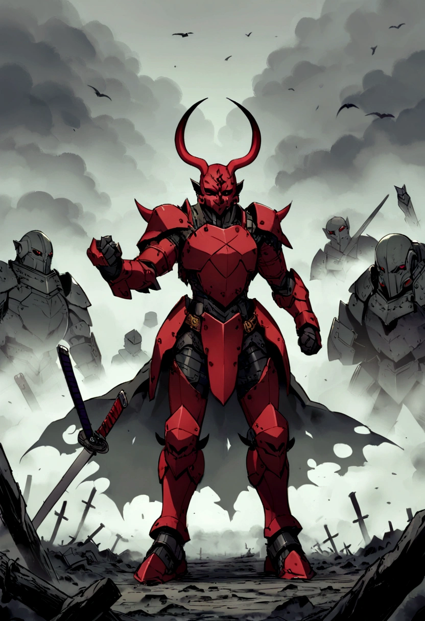 Sengoku period、full body armored、Humanoid robot、Sword fighting pose、strong、Demon Mask、Fully Armored、Equipped with powerful weapons、Full Body Shot、Shrouded in fog、Chaotic Battlefield、Crow、