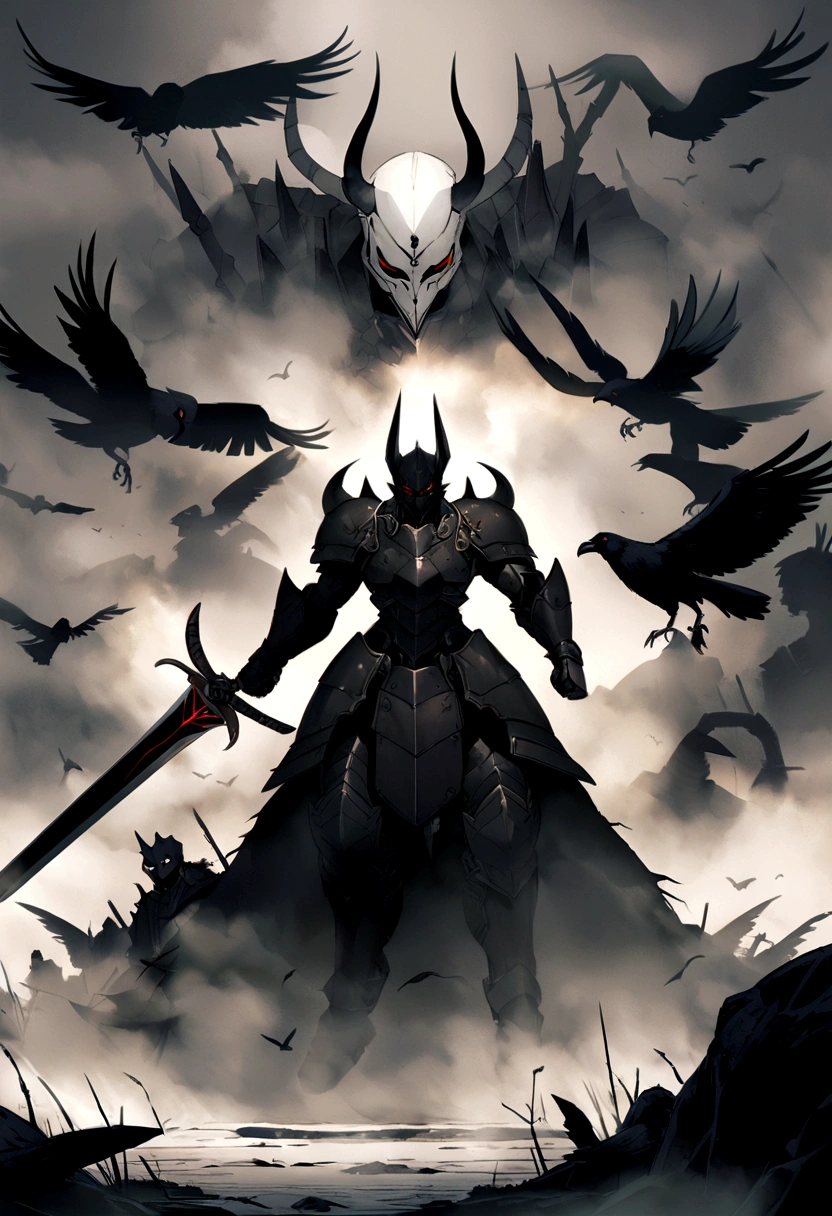 Sengoku period、full body armored、Humanoid robot、Sword fighting pose、strong、Demon Mask、Fully Armored、Equipped with powerful weapons、Full Body Shot、Shrouded in fog、Chaotic Battlefield、Crow、
