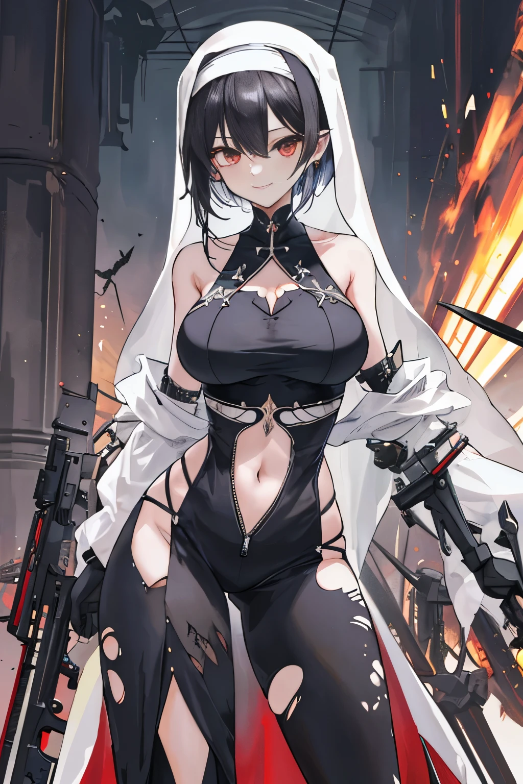 2 elegant nun oneesama ,{{{{{ completely torn clothes}}}}} ,Clothes with ornate embroidery are slit on the sides、It is divided into front and rear, hold humansize massive board style weapon, cutout chest, Shooting from the front, bare shoulder, ,off-the-shoulders, pull down pants, show off breasts, kesikaran wagamama body:1.1, unzipped, exoskeleton:1.2, holding massive weapon,sci-fi,ridicule and scorn smile,,epic eros,epic sexy, emphasized eros, emphasized sexy,in weapon factory of church, futurepunk, nsfw