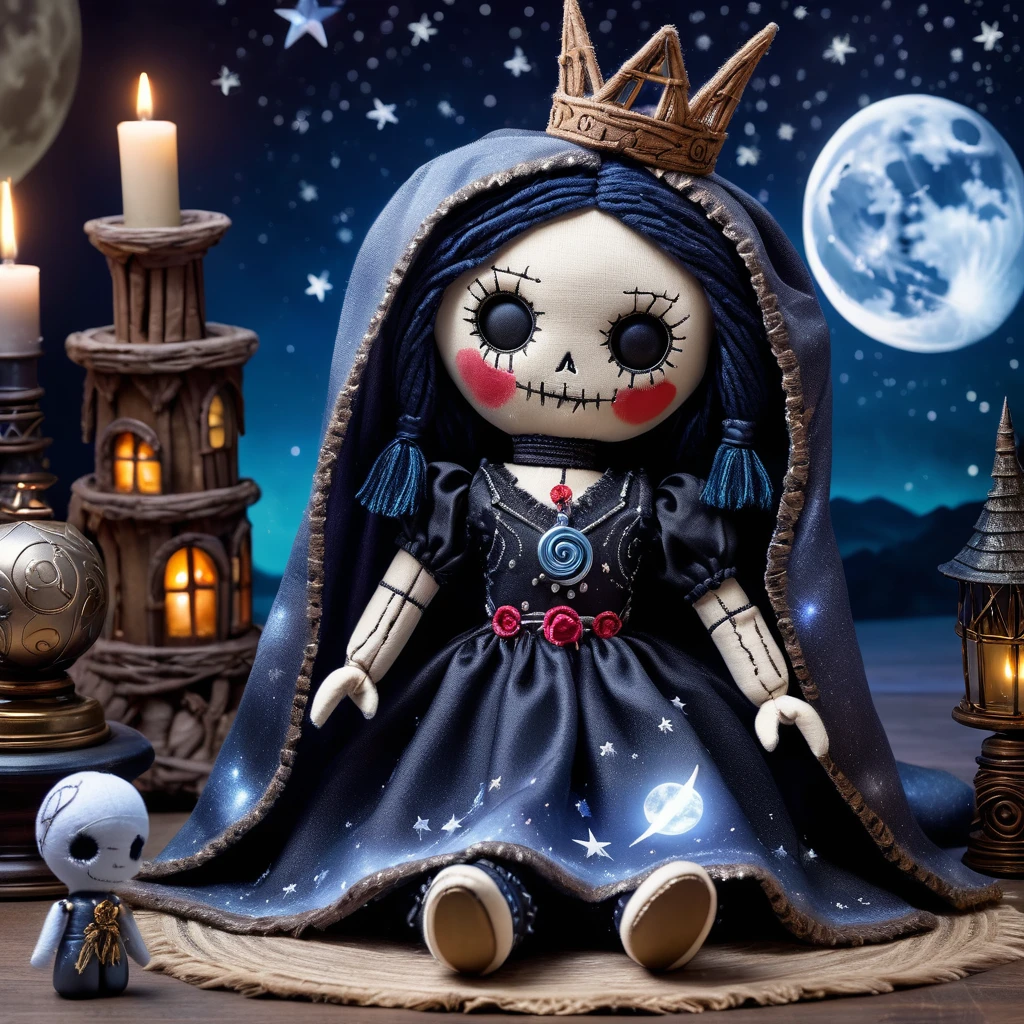 (knitted toy voodoo doll:1.7), (Voodoo Moon Witch:1.3), (Clothing: silvery dress with lunar symbols, shimmering cloak with star patterns:1.0), (Accessories: moon staff, enchanted crystal ball, crescent moon tiara:1.2), (background: abandoned tower with a view of the moon and stars, mystical aura surrounding the scene:1.2), best quality, masterpiece, detailed soft oil painting, detailed background, dramatic cinematic lighting, soft edge lighting, professional, dramatic lighting, hard edge lighting, ultra quality, 4k,masterpiece, best quality, 8k, ultra highres, highres, extremely detailed