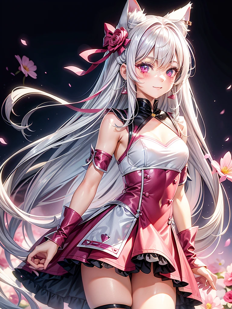 Silver hair, pink eyes, body, cat ears, sexy girl, earrings, flower sky background, pink red uniform, hair bows, look back, happy face